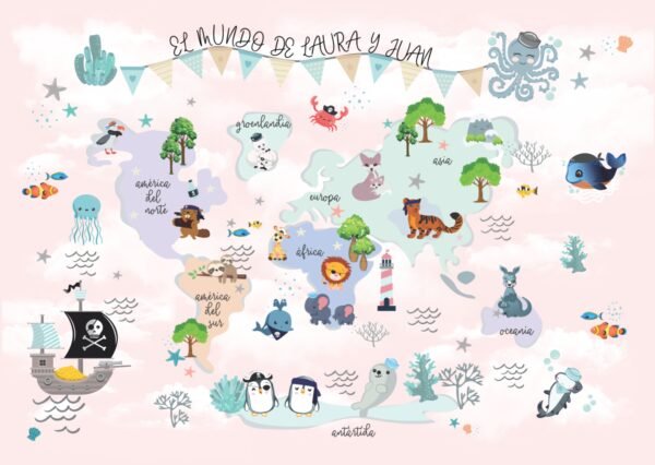 Mural Mapamundi Animales Niña(Valor por M2)