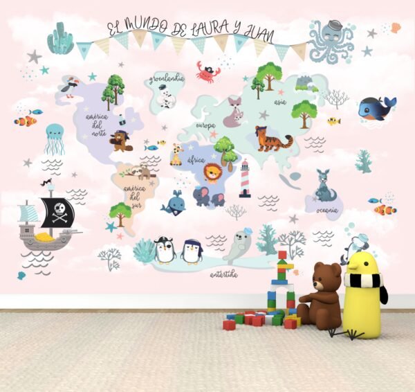 Mural Mapamundi Animales Niña(Valor por M2)